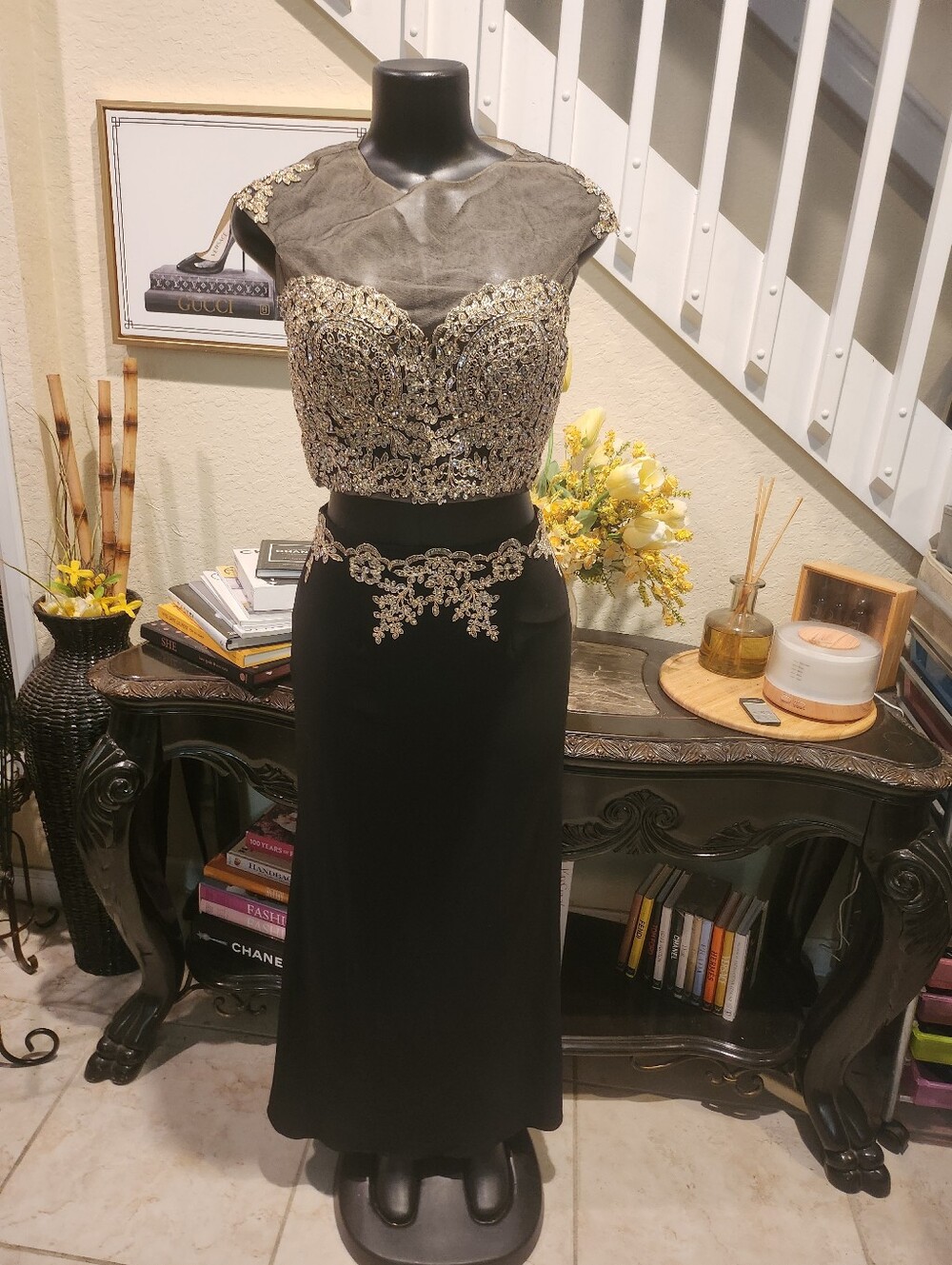 Cecily Brown Two Piece Gold & Black Prom Dress size M